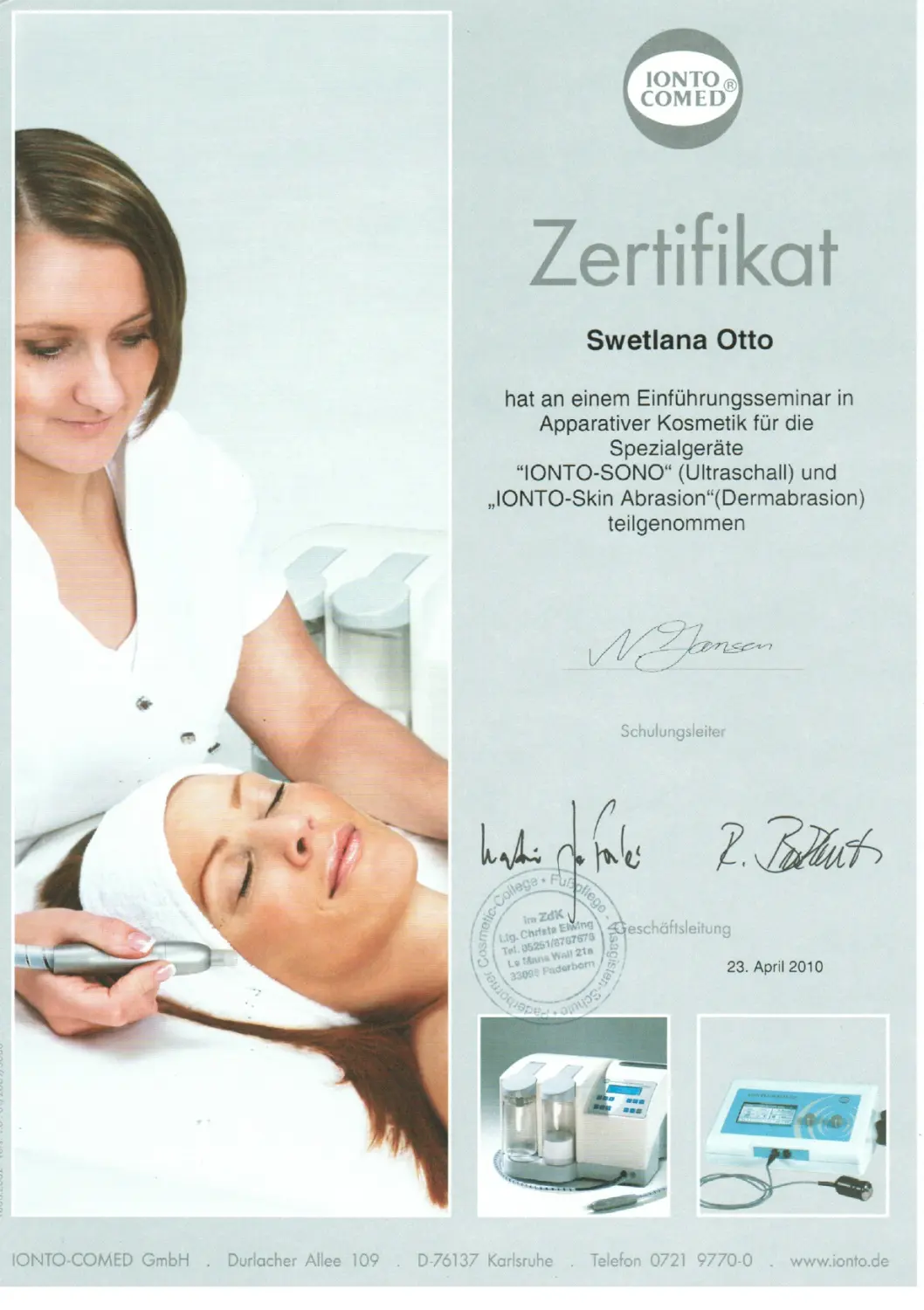 Beauty-Residenz Paderborn Zertifikat Apparative Kosmetik Dermo BUltraschal