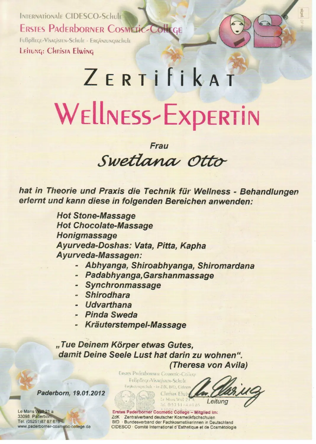 Beauty-Residenz Paderborn Wellness Expertin Zertifikat