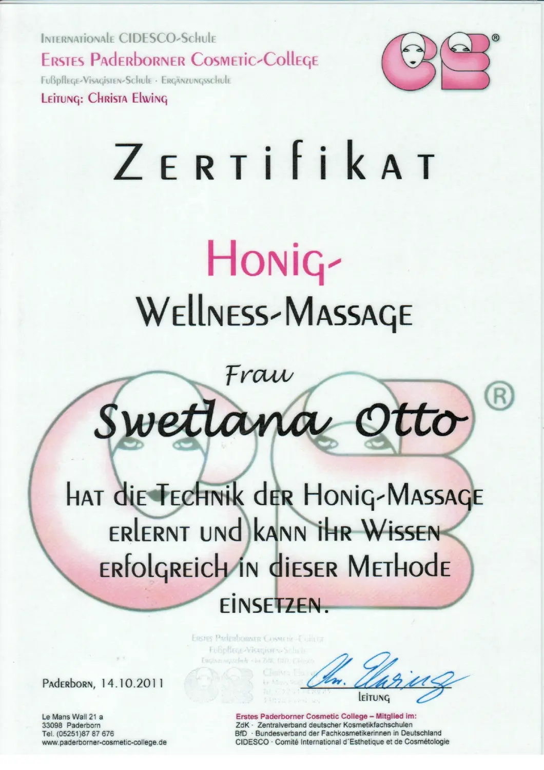 Beauty-Residenz Paderborn Honig-Wellnessmassage Zertifikat